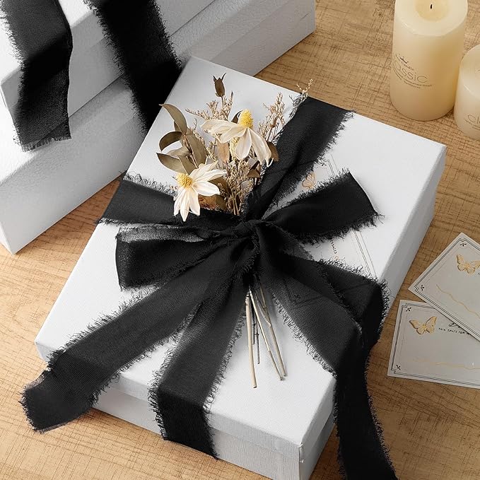 Black Chiffon Ribbon 1.5" x 21 Yd Handmade Fringe Silk Chiffon Fabric Ribbon for Gift Wrapping Wedding Invitation Bridal Flower Bouquet DIY Crafts Home Decor