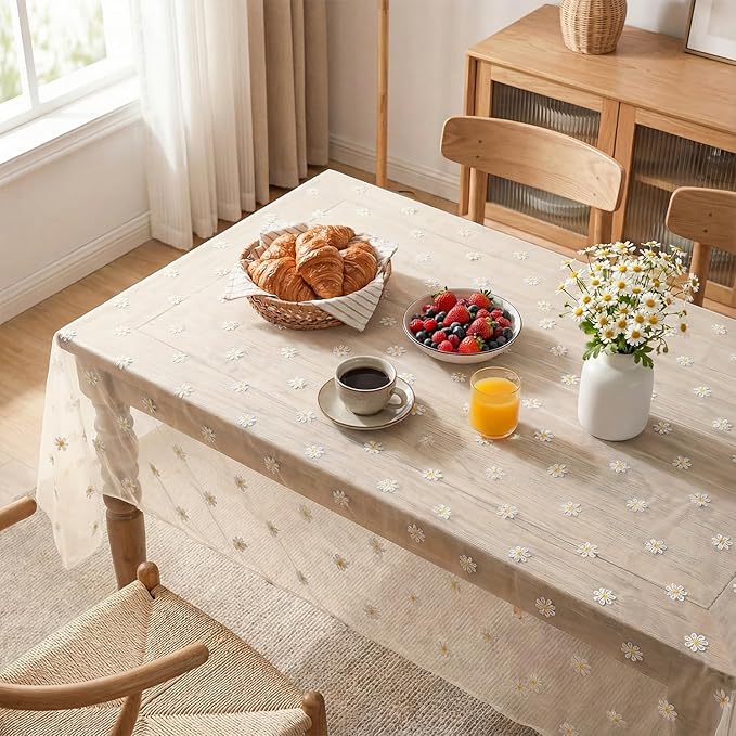 Horaldaily Champagne Embroidery Daisy Spring Summer Gauze Tablecloth 60×84 Inch Rectangular, Seasonal Tulle Table Cover, Garden Party Decorations for Wedding, Party, Holiday Dining