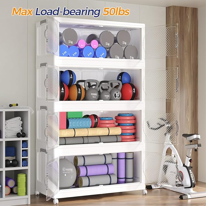 150Gal/600QT 5-Tiers Extra Large Stackable Storage Bins with Lid, Collapsible Cabinet Closet Organizer Plastic Container Box with Wheels Doors Drawers for Living Room Kitchen Office, White