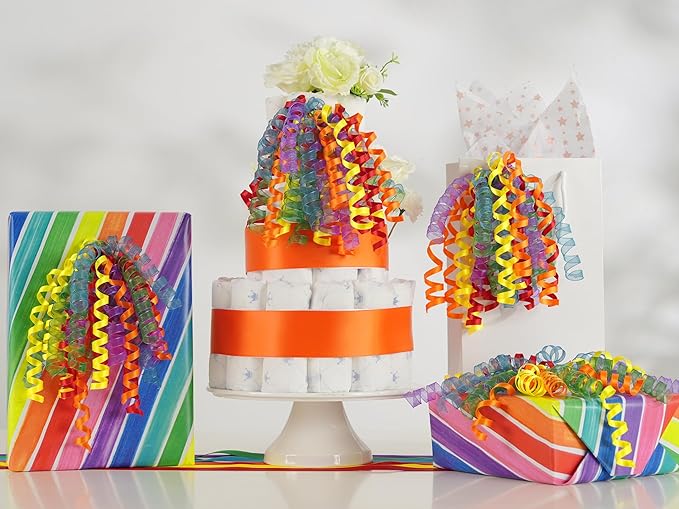 HUIHUANG Birthday Bows for Gift Wrapping 7" Rainbow Curly Gift Bows with Self Adhesive & Twist Tie Ribbon Bow for Presents Gift Basket Birthday Pride Month Party Favors - 6 Counts
