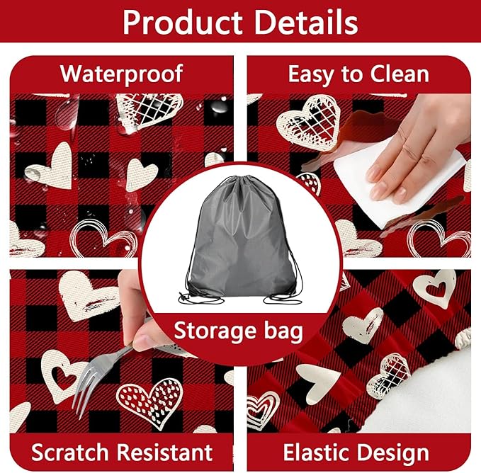 Valentines Day Picnic Table Cover with Bench Covers, Camping Essentials, Heart Buffalo Plaid Outdoor Table Covers, Waterproof Windproof, Fitted Tablecloth Cover with Elastic Edge, 3 PCS, 30x72 Inch