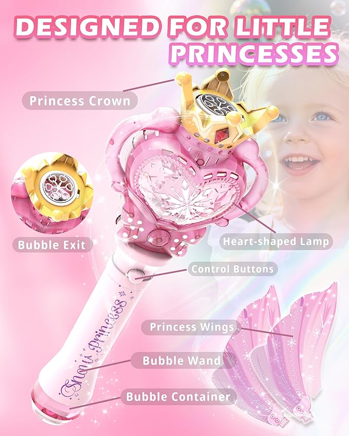 Princess Bubble Wand for Girls, Light Up Bubble Maker with Music & LED Lights, Automatic Bubble Blower Toy with Wings, Leak-Proof Bubble Machine for Kids Outdoor Birthday Party Gifts