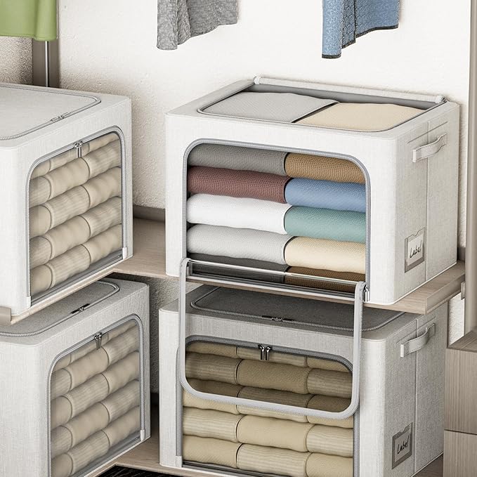 4 Pack Clothes Storage Bins with Metal Frame - 36L Stackable Storage Box with Lid，Foldable Storage Container Organizer for Clothes，Linen Fabric Storage Box with Clear Window＆Zippers＆Handles