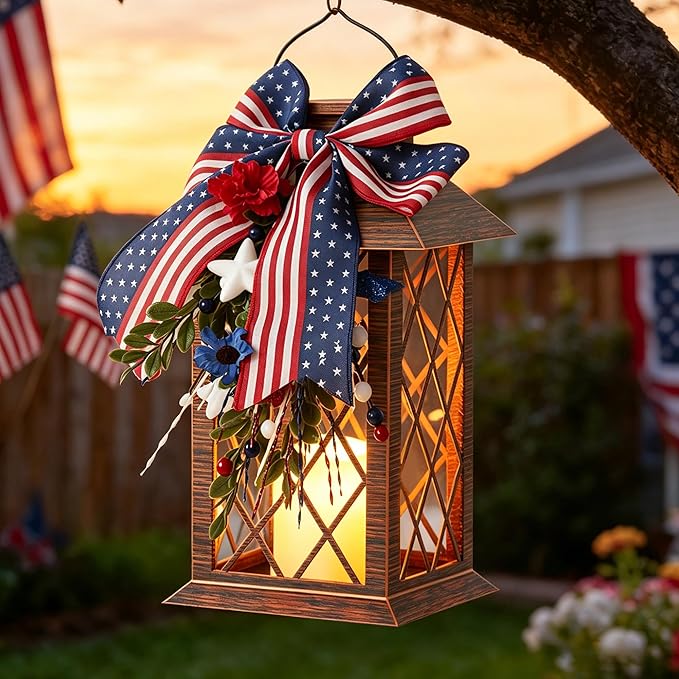 Patriotic Solar Lanterns Outdoor, Waterproof Garden Hanging Lanterns, 13" Patriotic Decorations Outdoor Lantern with Led Flameless Candles, 4th of July Lantern for Porch, Yard, Patio Decor