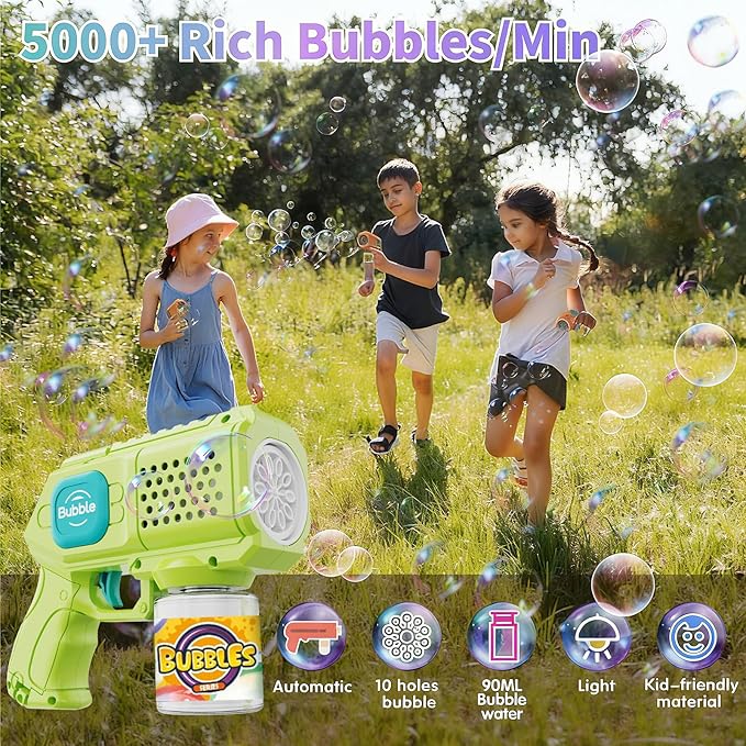 2 Packs Bubble Gun for Kids Automatic bubbele Maker with 10 Holes/Lighting/10000+Bubbles/Min Portable Bubble Machine with Bubble Solution Best Toy Gifts for Birthday/Party/Wedding