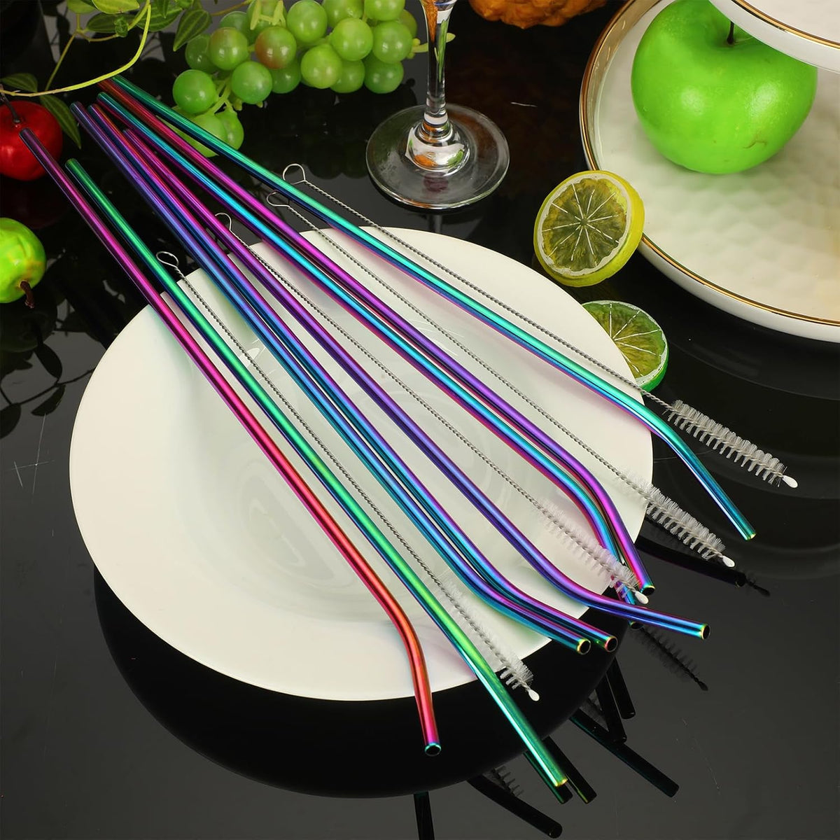 Geiserailie 8 Pieces 14 Inch Stainless Steel Straws Long Drinking Straws for 100 oz Tumblers, Extra with 4 Pieces Cleaning Brush(Rainbow)