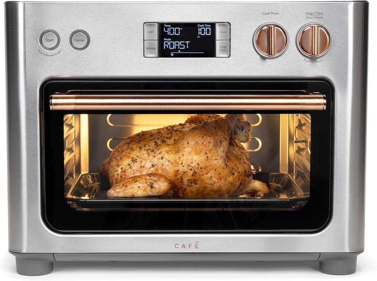 Café Couture Oven with 14 essential cooking modes, including Air Fry, CrispFinish, Bake, Broil, Roast, Toast, Pizza, WiFi & Smart Connected, Voice Control, Countertop Small Appliances, Steel Silver