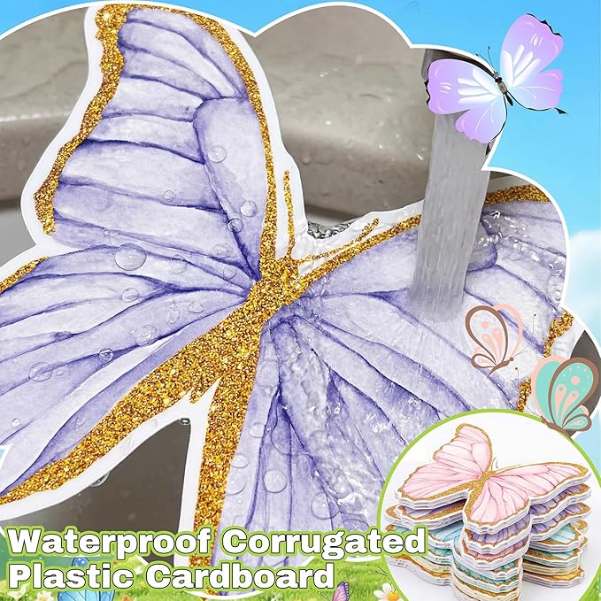 5 Pcs Giant Butterfly Garden Stakes Decorations, 3D Glitter Butterfly Yard Signs Spring Lawn Outdoor Decorative for Purple Tea Party Graduation Fairy Birthday Wedding Baby Shower Patio Decor