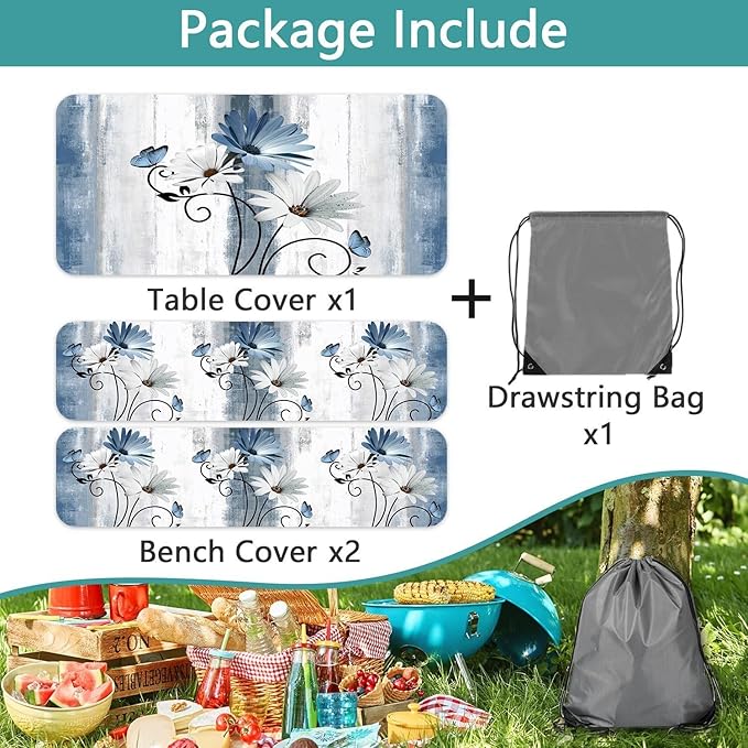 Rustic Farmhouse Blue Flower Picnic Table Cover with Bench Covers, Waterproof Blue Daisy Floral Flowers Butterfly on Country Wooden for Camping Indoor Outdoor Party Decorations, 30X96in