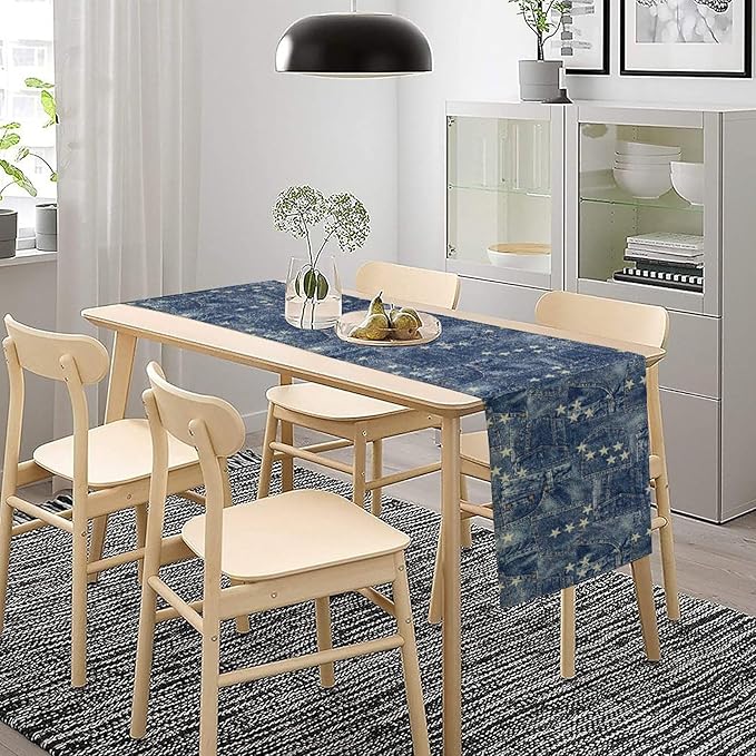 Patchwork Table Runner, Vintage Romance Jeans Pentagram Splicing Print Table Runner for Kitchen Dining Picnic Coffee Home 13x120in