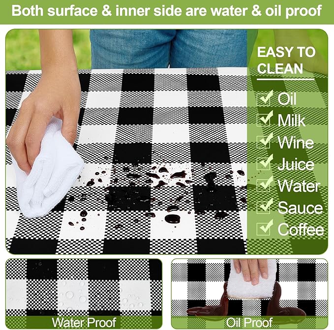 Play Tailor Picnic Table Cover with Bench Covers Camping Essentials Waterproof Windproof Camping Tablecloth with Drawstring Bag, Fitted Rectangle Tables and Seats, 72in, White Black Checkered