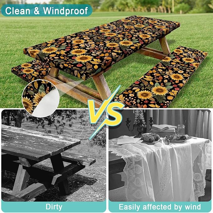 Picnic Table Cover with Bench Covers, Camping Essentials, Sunflower Flower Leaves Waterproof Windproof Patio Table Cover, Fitted Tablecloth Cover with Elastic Edge for Indoor Outdoor 3 PCS 30x72 Inch