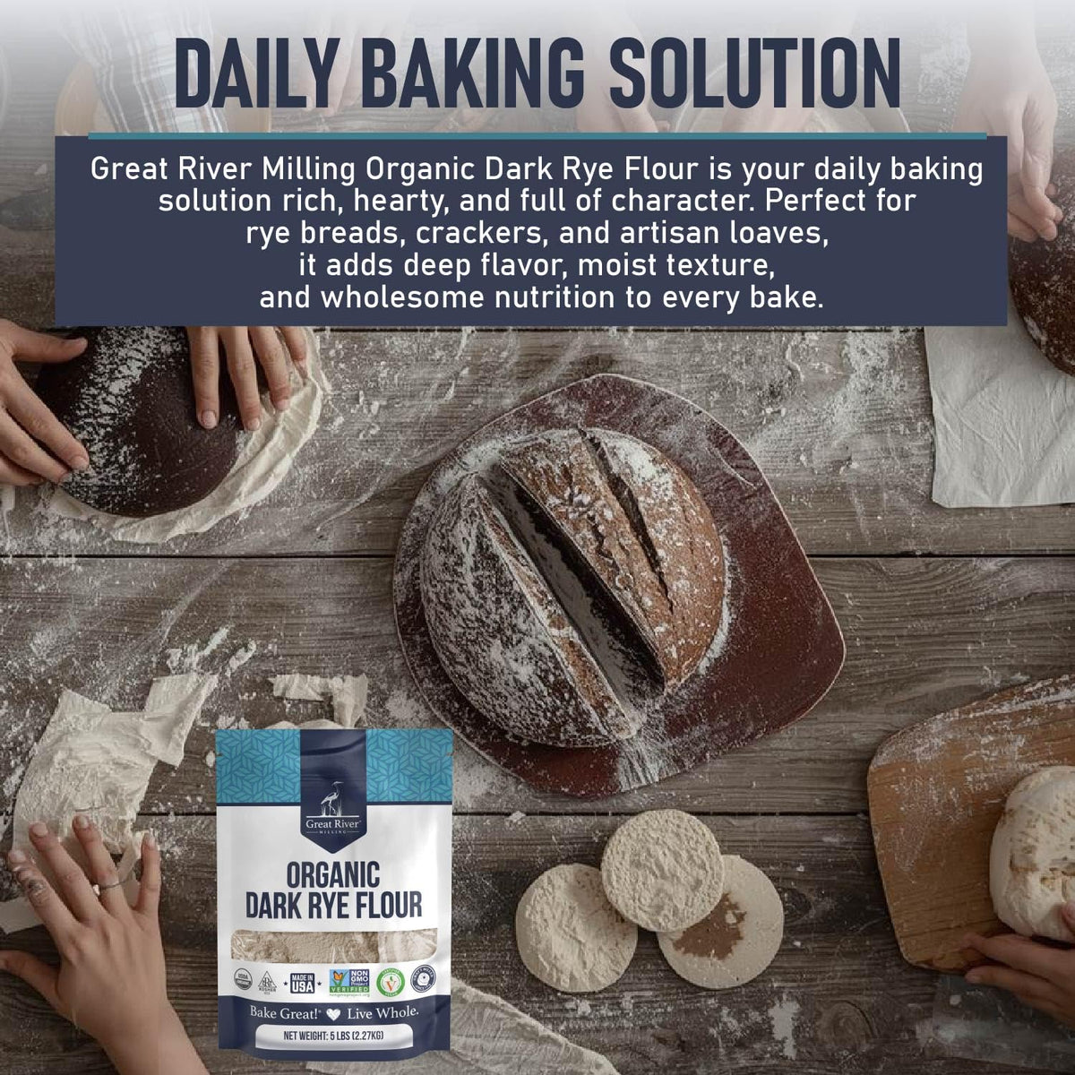 Great River Milling Organic Dark Rye Flour, Whole Grain, 5 lb | Organic Dark Rye Flour for rye bread, pumpernickel, sourdough starters, bagels, crackers and multigrain loaves; deep rye