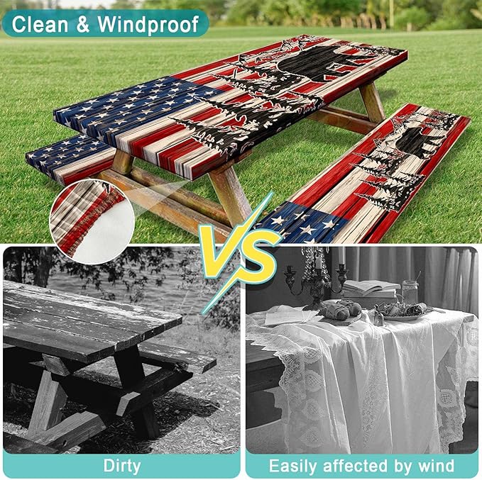 American Flag Camping Picnic Table Cover with Bench Covers, Wooden Camper RV Patriotic USA Flag Rustic Cabin Bear Tablecloth for Family Garden Party Decorations with Drawstring Bag, 30X72in