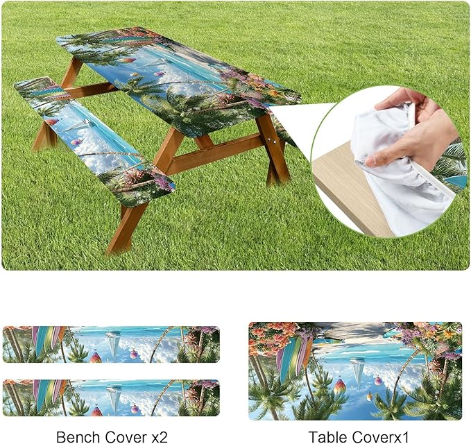ANNA QUEEN Hot Air Balloon Summer Flower Picnic Table Cover 6FT with Bench Covers Picnic Table Cover Set 3PCS 72"x30", Outdoor Bench and Tablecloth Furniture Protection