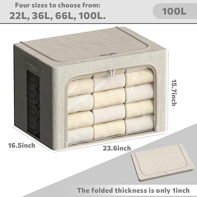 FHSQX 6 Pack Clothes Storage Bins with Metal Frame 100L Foldable Storage Bins for Clothes Linen Fabric Storage Box with Clear Window (Beige, 23.6x16.5x15.7inch(100L))
