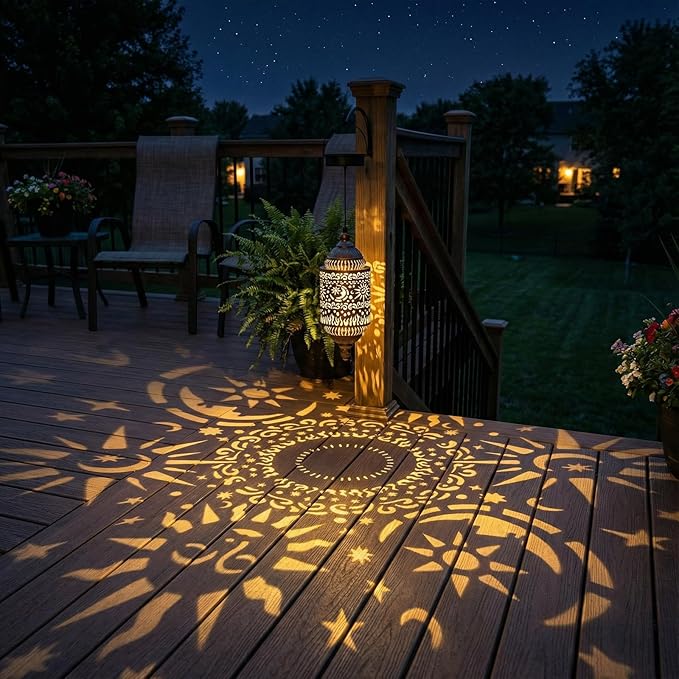 Hapjoy Moroccan Hanging Solar Lights Outdoor Garden Decor Sun and Moon Decorations Solar Lantern Waterproof for Patio Pathway Yard Backyard Garden Decorative (Cylinder, 1)