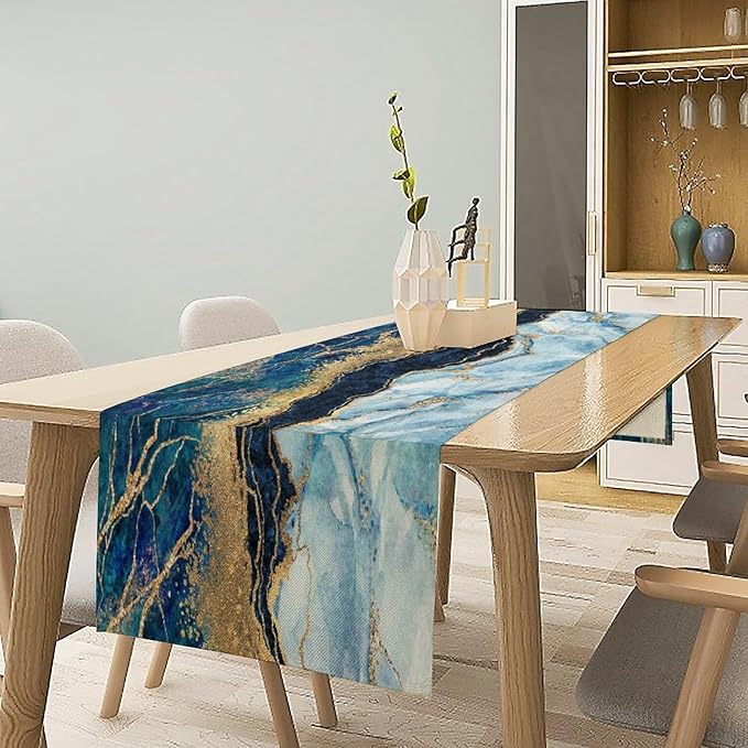 Marble Table Runner, Blue Texture Abstract Art Print Table Runner for Indoor Home Living Room Party Dining Kitchen 13x60in