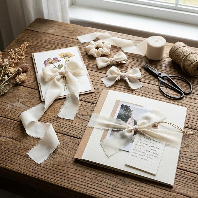 Handmade Chiffon Ribbon 1.5 Inch Wide, 3 Rolls 21 Yards, Soft Frayed Edge Ribbon for Wedding Invitations, Bouquets, Gift Wrapping & Craft Decor (Cream White)