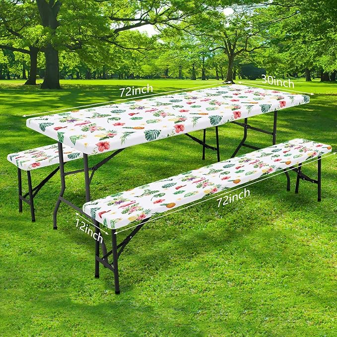 Picnic Table Cover with Bench Covers and Bag, Summer Outdoor Waterproof Windproof Tablecloth with Elastic Edges, Camping Accessories RV Gear Campers 60x30 Inches 3 Pcs Set, White