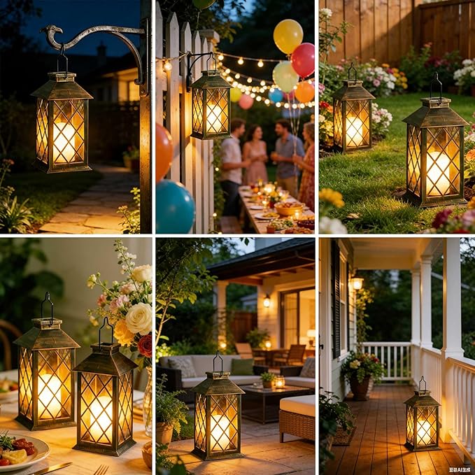 Solar Lanterns Outdoor Waterproof, 2 Pack 9" Glass Hanging Solar Lights with Flickering Flameless Candle, Outdoor Lanterns for Patio Wall Porch Table Garden Yard, Gift for Women Mom - Bronze