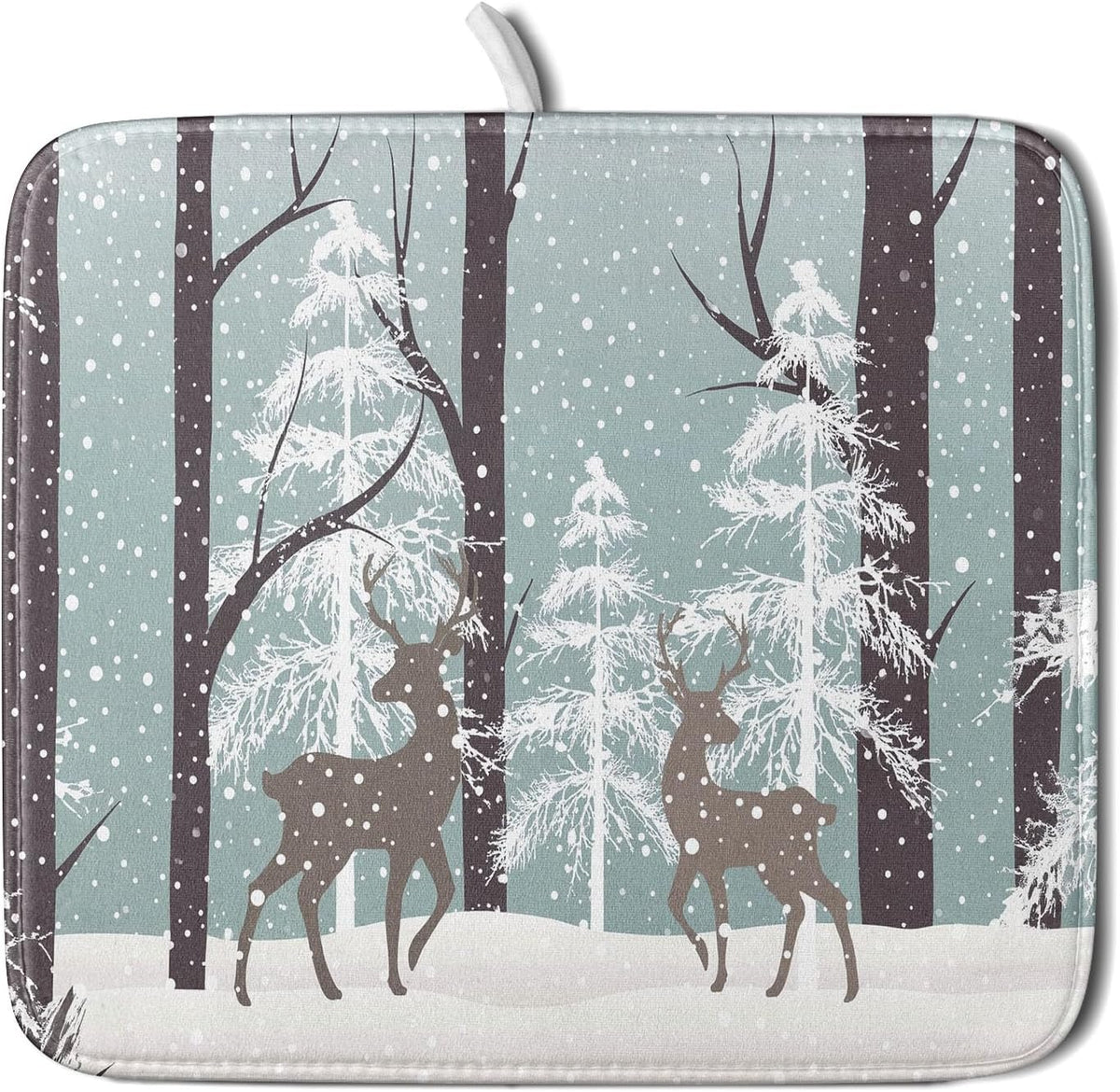 Winter Wildlife Deer Dish Drying Mat for Kitchen Counter,Xmas Landscape Snow Tree Ivory Drying Mat 16 x 18 Inch with High Absorbent Microfiber