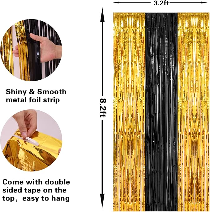 PIGETALE, 2 Pack 3.2x8.2 Feet Black and Gold Tinsel Backdrop Party Decorations, Foil Fringe Curtains Backdrop for Birthday Graduation Wedding Engagement Bridal