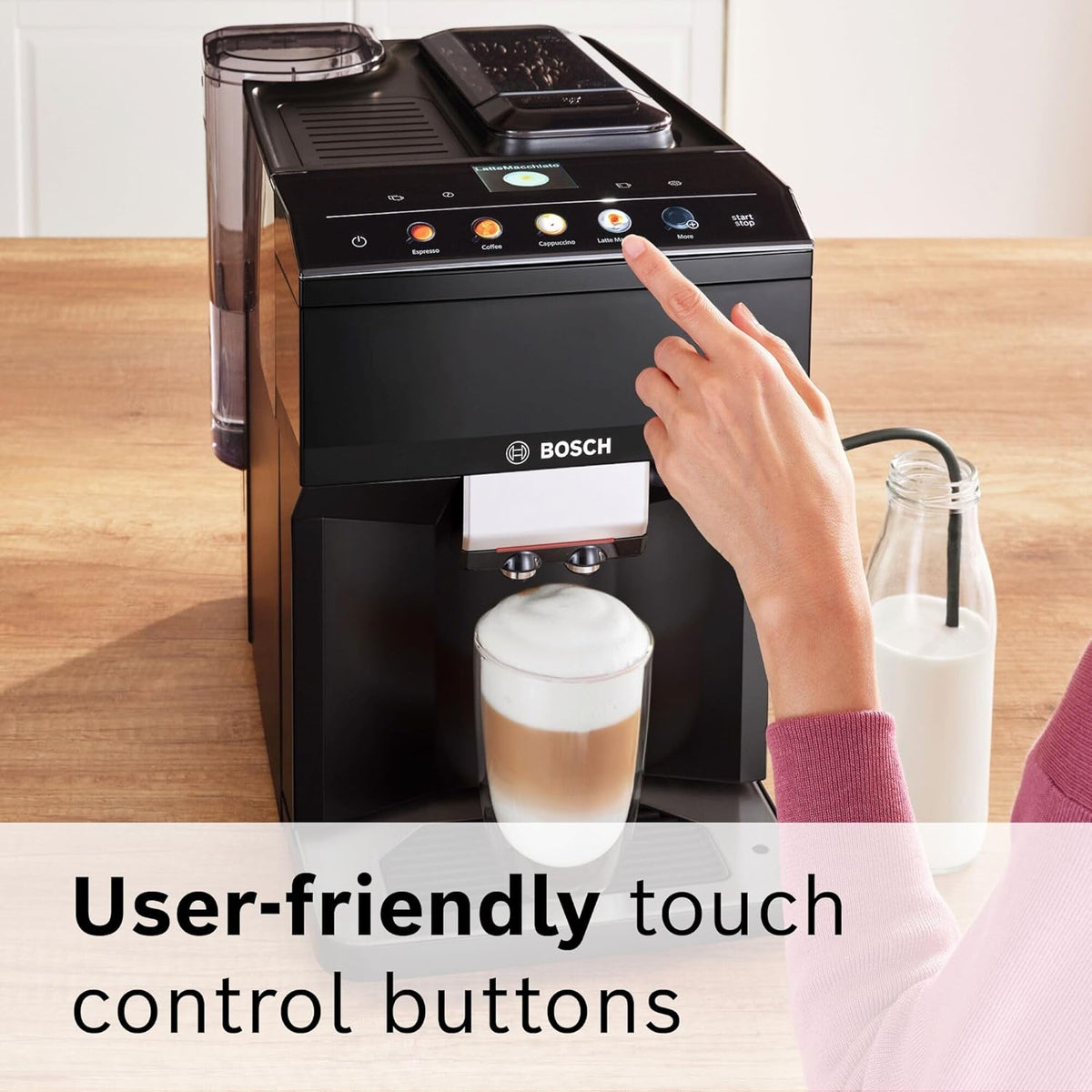 Bosch 500 Series Fully Automatic Espresso and Coffee Machine – Touch Control Panel, Milk Hose, Ceramic Grinder, Uses Beans & Ground Coffee