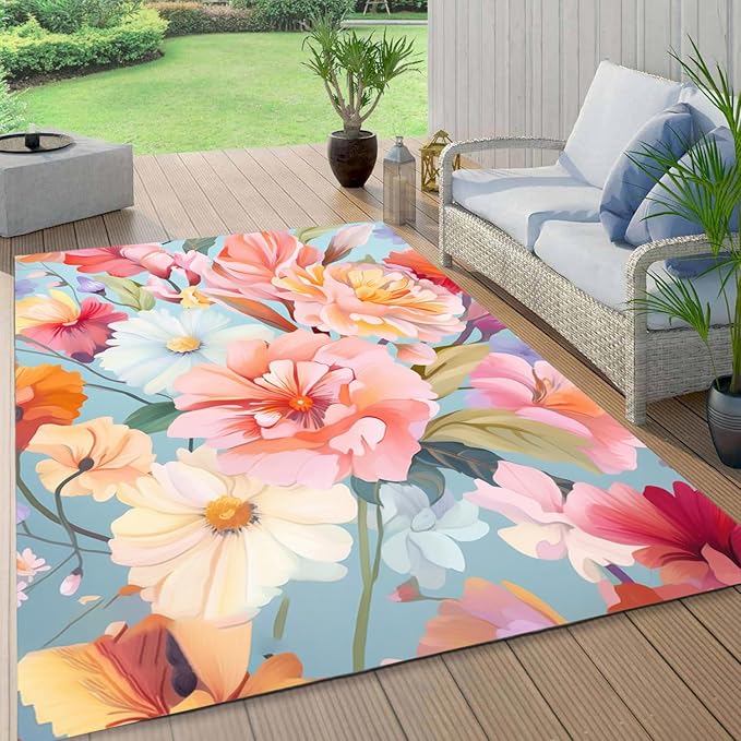 Outdoor Flower Rug with Anti Slip Backing Vibrant Waterproof 3x8 Area Rugs for Patio Deck Balcony Camping Garden Porch Large Floral Outside Carpet Peach Pink Blue Aesthetic Thick Mat