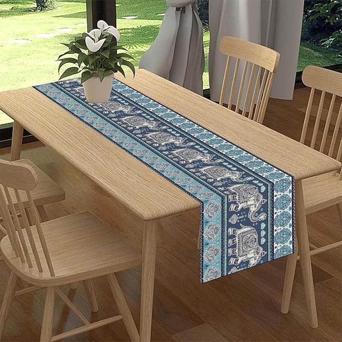 Boho Elephant Table Runner, Rustic African Tribe Animal Diwali India Damask Mandala Art Print Blue Coffee Table Center Decor for Home Kitchen Dining Holiday Party Outdoor Table Decorations, 13"x90"