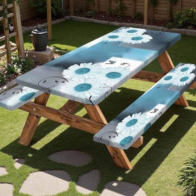 Picnic Table Cover with Bench Covers and Bag, Daisy Outdoor Waterproof Windproof Tablecloth with Elastic Edges. Camping Accessories RV Gear Campers Must Have 60x30 Inches 3 Pcs Set (Teal)