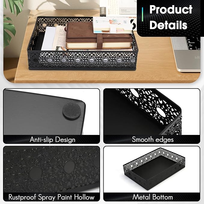 Desk Drawer Organizer, A4 Large Metal Mesh Desk Organizer Tray, Carved Hollow Floral Desk Letter Tray, Versatile Storage Basket for Office Home Supplies,13x9x3 inches (Round Holes,2 PCS)