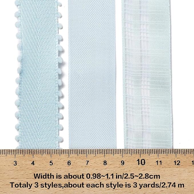 BEEFLYING 3 Styles Light Blue Wire Edged Ribbons for Gift Wrapping Decoration 25~28mm×2.7m Satin Ribbons Fabric Ribbons for Wedding Party Decoration Hair Bows Flower Designs Sewing and Craft, 9 Yards
