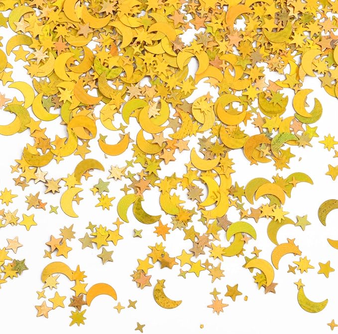 4000Pcs Star and Moon Confetti, 30g Table Confetti, 4-10mm Iridescent Metallic Glitter Foil Confetti, Twinkle Little Stars Moon Sequin for Birthday Party Wedding Festival DIY Crafts (Gold)