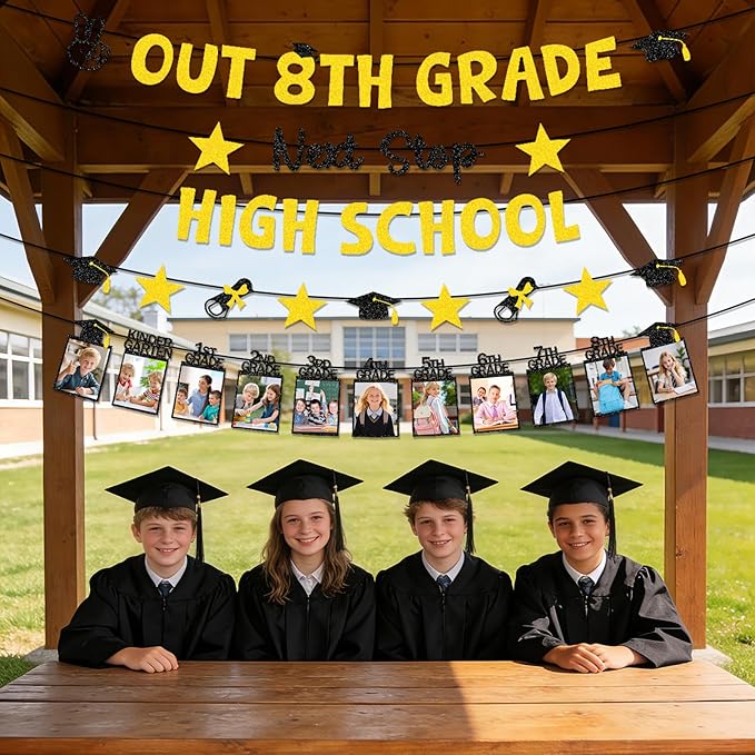 8th Grade Graduation Decorations - 5PCS out 8th Grade Graduation Glitter Banners Photo Banner Decor 2026, Black Gold Middle School Congrats Grad Party Supplies (No-DIY)