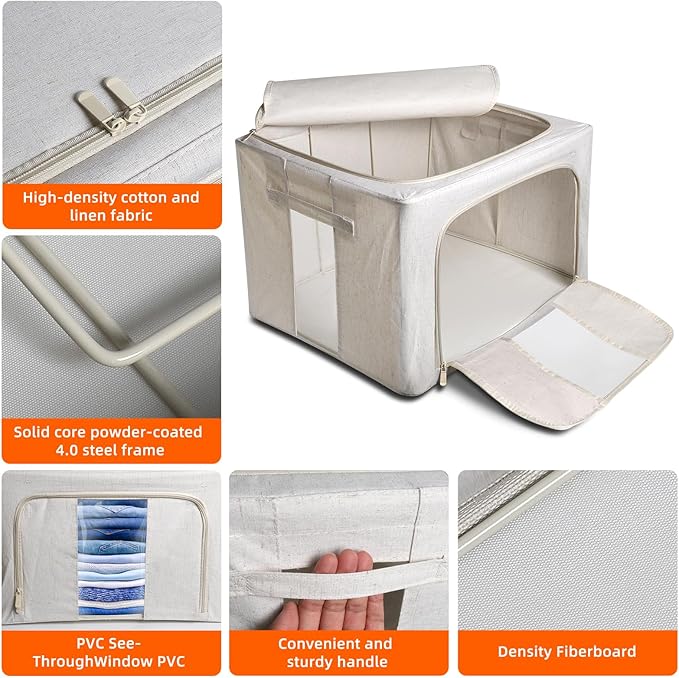 Foldable Clothes Storage Bins with Solid core powder-coated steel fram, 24/ 66L Storage Bags Fabric Box Organizer with Clear Window Zippers Sturdy Handles 2 Pack (Beige, 66L 1Pack)
