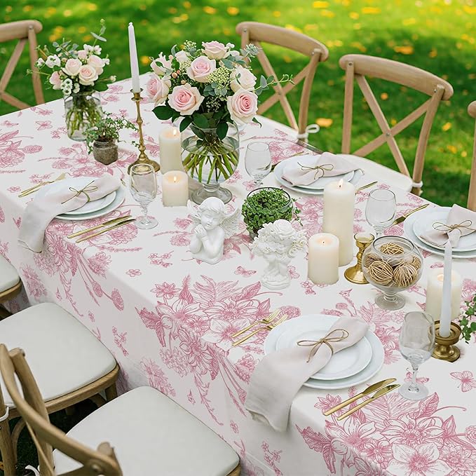 3 Pcs Pink Floral Plastic Tablecloths, 54 X 108Inch Tea Party Tablecloth Disposable Wedding Table Cloth Pink and White Porcelain Tables Decor for Garden Wedding Tea Party Birthday Baby Bridal Shower