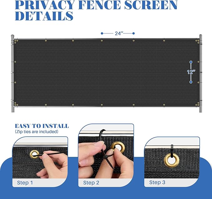 ECOOPTS 8'x119' Privacy Fence Screen Windscreen with Copper Grommets, Fit for Commercial Fence and Residential Garden Outdoor 90% UV Blockage, Cable Zip Ties Included (Black)