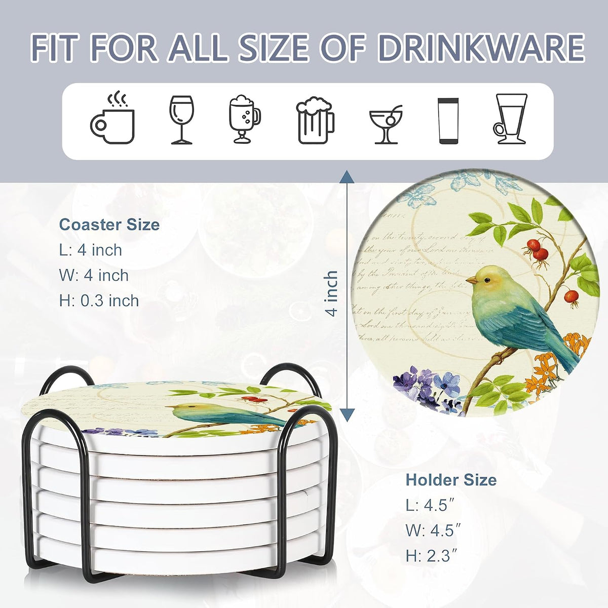 Coaster for Drinks Set of 6, Vintage Watercolor Bird Flower Absorbing Round Ceramic Stone Coaster with Cork Base,Tabletop Protection Mat for Mugs and Cups,Coffee Table Wine Glass Home Bar 4 Inch