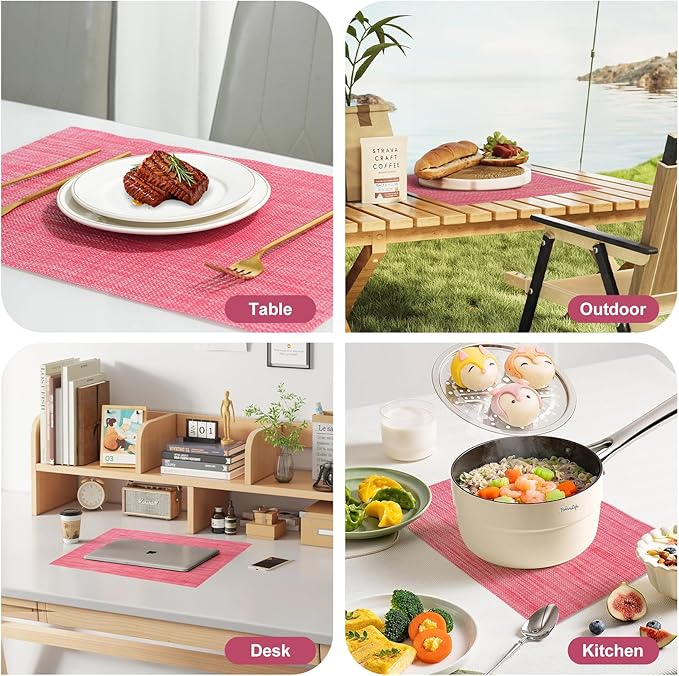 Placemats Set of 6，Christmas Decoration Non-Slip PVC Weave Table Mats Easy to Clean，Heat Resistant Place Mats for Kitchen Dining Table Decoration Indoor Outdoor，Red