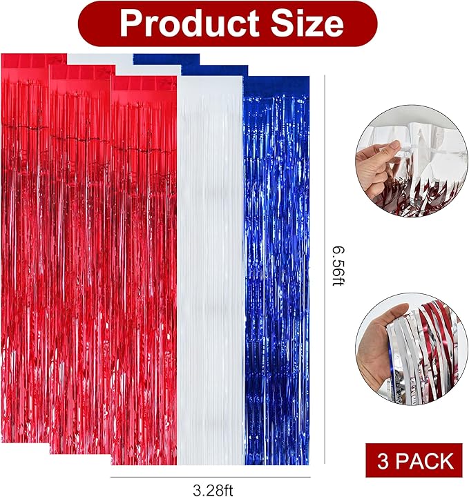 BEISHIDA 3 Pcs Red Blue White Door Streamers Curtain July 4th Party Streamers Backdrop 4th of July Party Wall Background for Party Decoration Photo Booth Props(3.28 ft x 6.56 ft)
