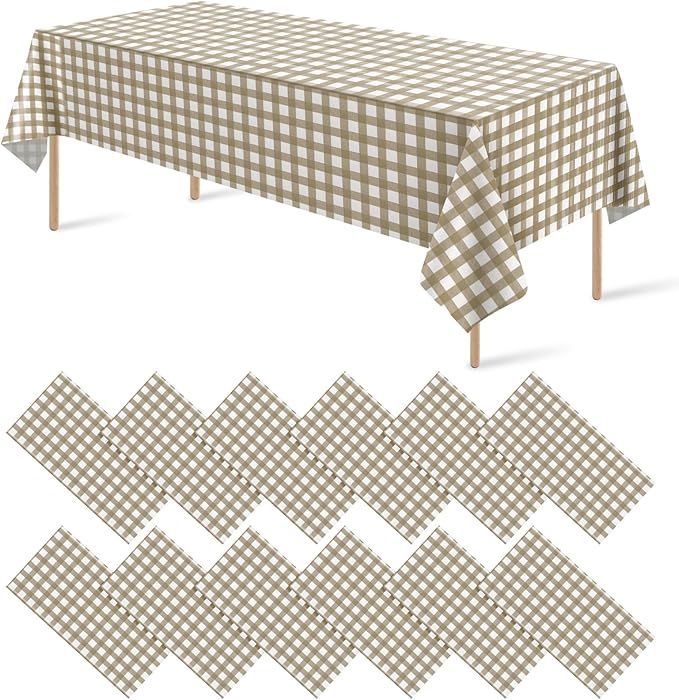 12 Pack Brown and White Plastic Checkered Tablecloth, Premium Decorative Disposable Tan Gingham Plaid Table Cloths for Parties, Rectangle Party Table Cover for Picnic Farm Birthday Fall, 54x108 Inch