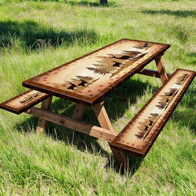 30X96 Inch Brown Deer Picnic Table Cover with Bench Cover and Drawstring Bag, Waterproof Washable Fitted Outdoor Tablecloth Rectangular Elastic Edged for Camping Outdoor Travel, 3 Pieces Set