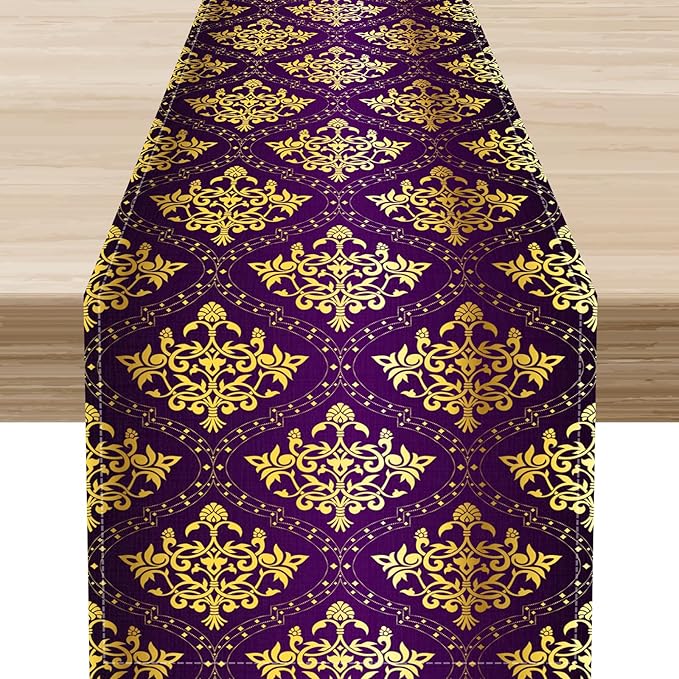 Vintage Table Runner, Retro Antique Gothic Purple Damask Floral Flower Pattern Classic Boho Coffee Table Center Decor for Kitchen and Dining Outdoor Home Country Party Table Decorations, 13"x108"