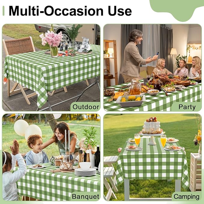 Smiry 10 Pack Sage Green Gingham Disposable Tablecloths - 54" x 108" Heavy Duty Plastic Table Cloth, Waterproof Buffalo Plaid Table Covers for Picnic, Banquets, Outdoor Parties