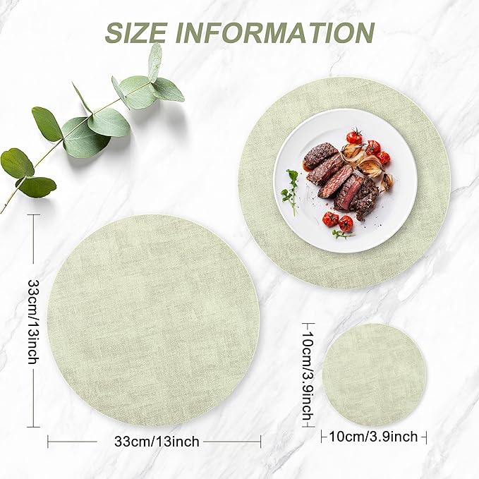 Round Faux Leather Placemats and Coasters, Set of 6, Reversible Heat Resistant Non-Slip Table Mats, Waterproof Wipeable Place Mats for Dining Table, Washable for Indoor & Outdoor (6, Light Green)