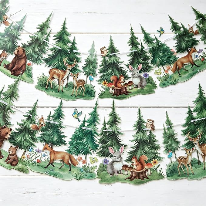 SUNBEAUTY Woodland Animals Banner 6.56FT Babyshower Party Decoration,Waterproof 2-Side Printed Garland Bunting with Tree Bear Fox Deer Rabbit for Kids Nursery Livingroom Gender Reveal Birthday