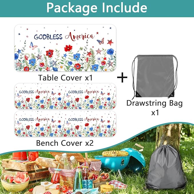 JAWO 4th of July Picnic Table Cover with Bench Covers, Red Blue Watercolor Flowers Fitted Waterproof Tablecloth with Elastic Edge, 3 PCS Set for Outdoor Camping, Independence Day Decorations,96in