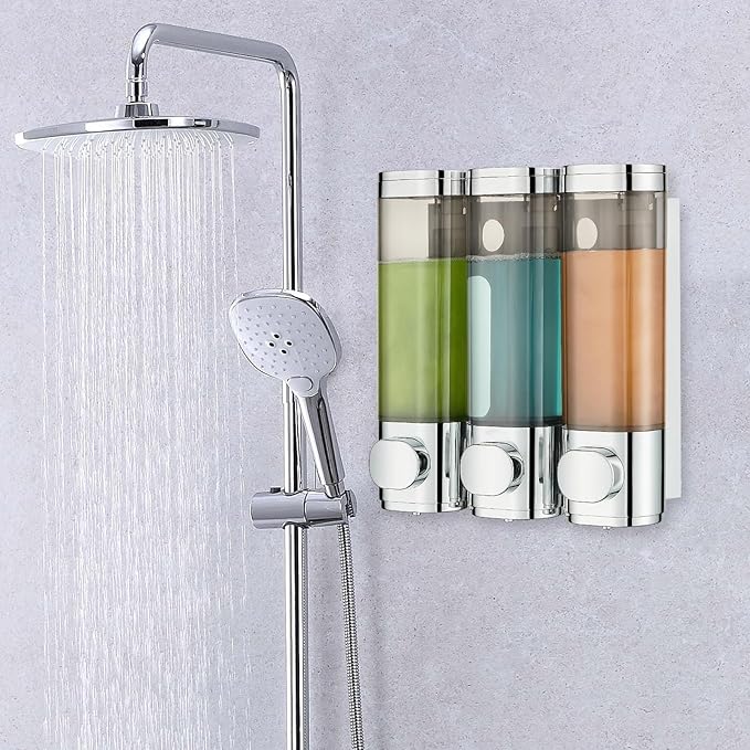 Pollock Shower Shampoo and Conditioner Dispenser, 3 Chamber No Drill Body Wash Dispenser for Bathroom, Large