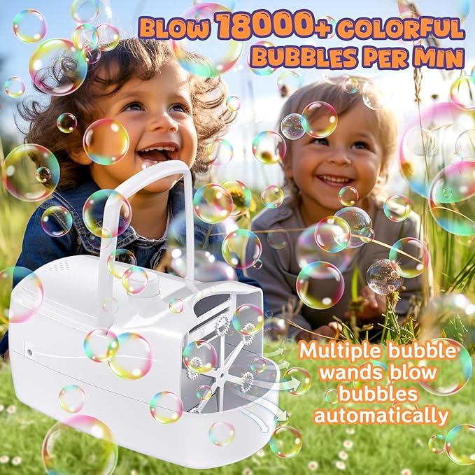 Bubble Machine, Automatic 18000+ Per Minute Big Bubbles Blower Maker for Kids Toddlers with 2 Speeds,6 Wands,Operated by Plugin or Batteries for Outdoor/Indoor Birthday Parties,Wedding (White)